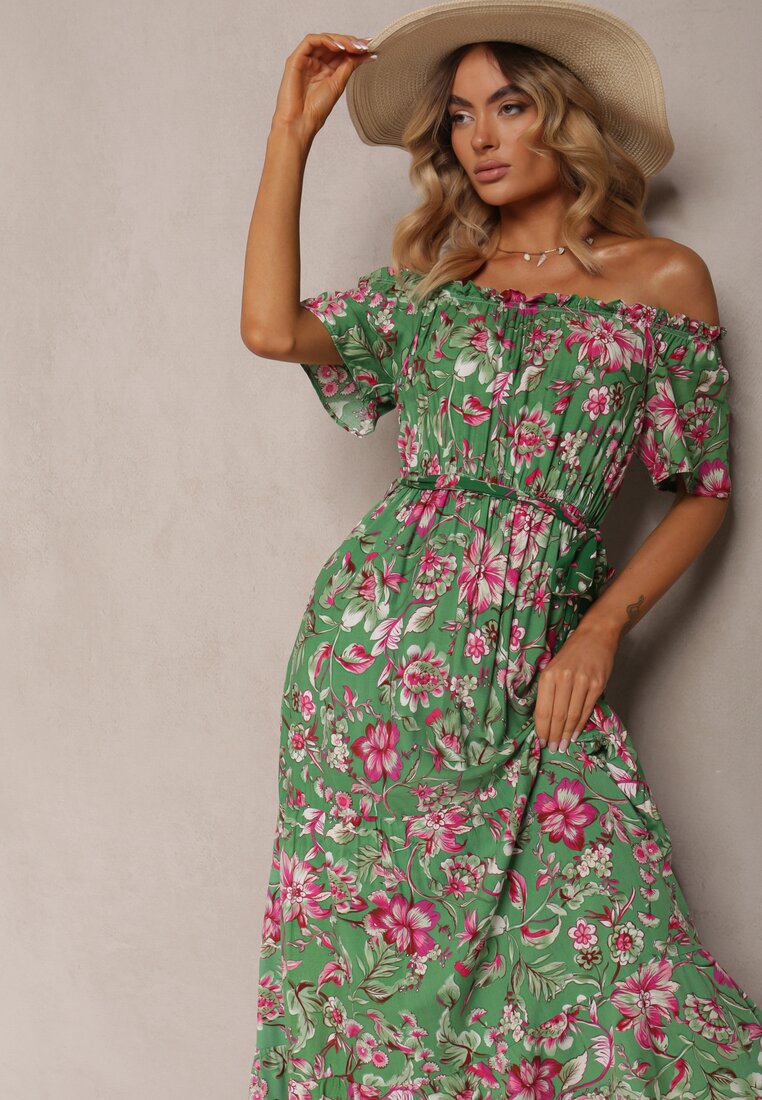 Rochie Spaniolă din Bumbac Verde-Roz cu Talie Legată în Model Floral Risarrae