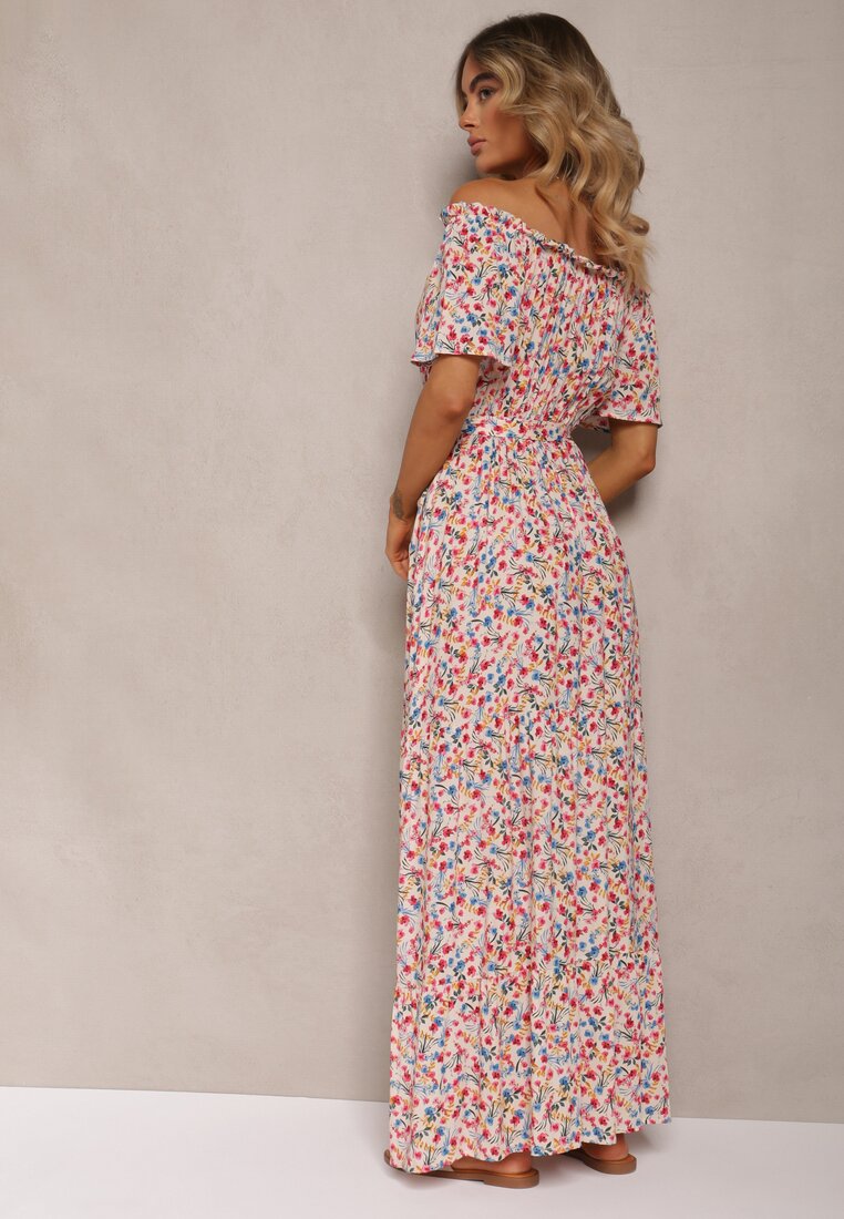 Rochie din Bumbac Alb-Roz cu Volane și Imprimeu Floral Rissamond