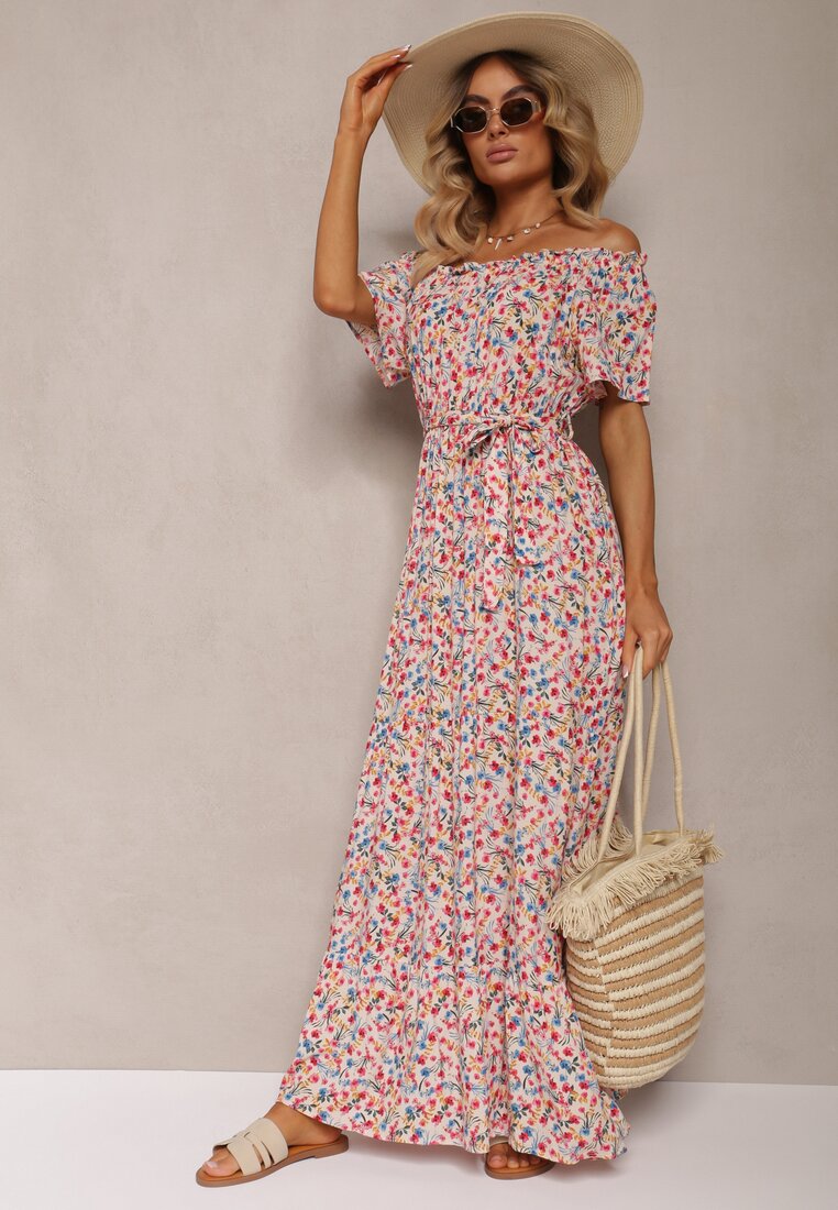 Rochie din Bumbac Alb-Roz cu Volane și Imprimeu Floral Rissamond