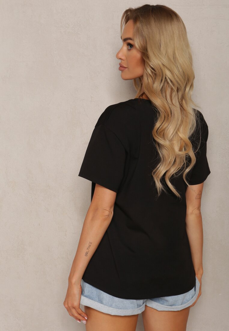 Tricou Negru din Bumbac cu Imprimeu Decorativ în Formă de Ursuleț Opallea
