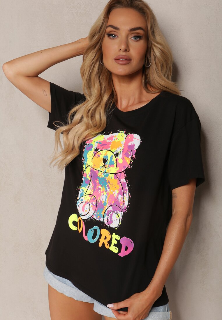 Tricou Negru din Bumbac cu Imprimeu Decorativ în Formă de Ursuleț Opallea