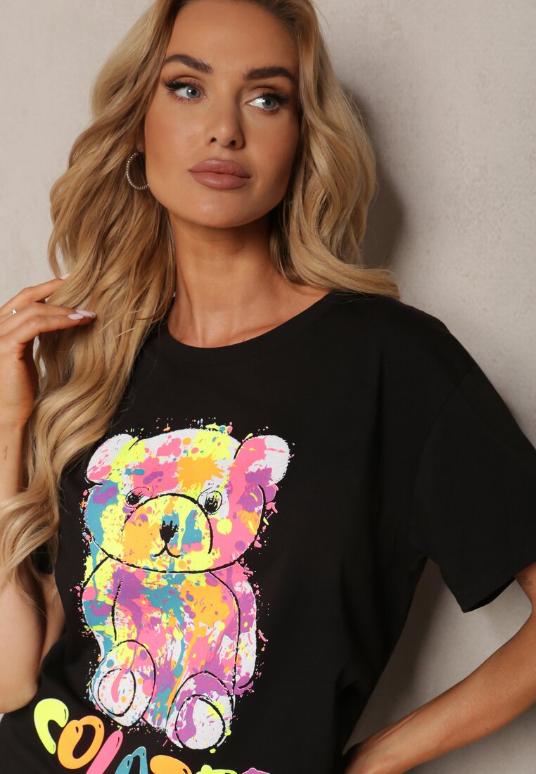 Tricou Negru din Bumbac cu Imprimeu Decorativ în Formă de Ursuleț Opallea