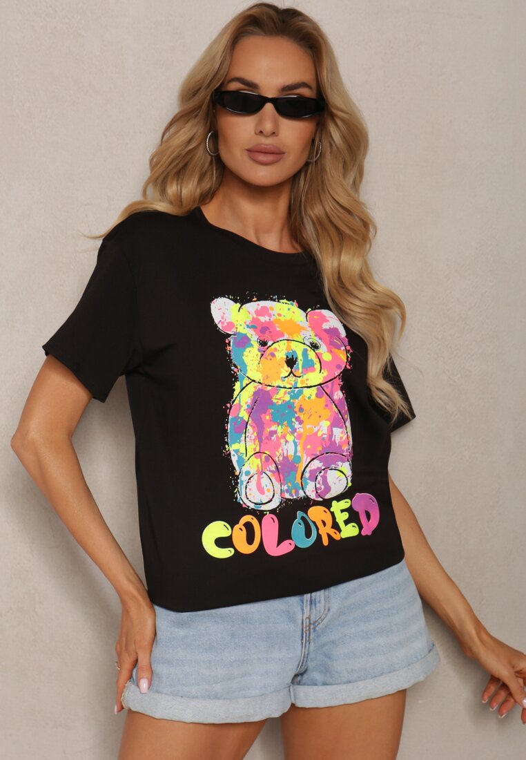 Tricou Negru din Bumbac cu Imprimeu Decorativ în Formă de Ursuleț Opallea