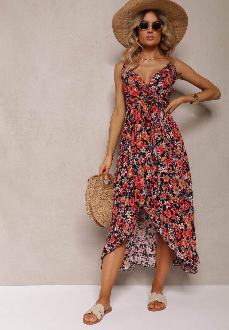 Rochie Neagră-Portocalie Tip Plic din Bumbac cu Imprimeu Floral pe Bretele Rissanda