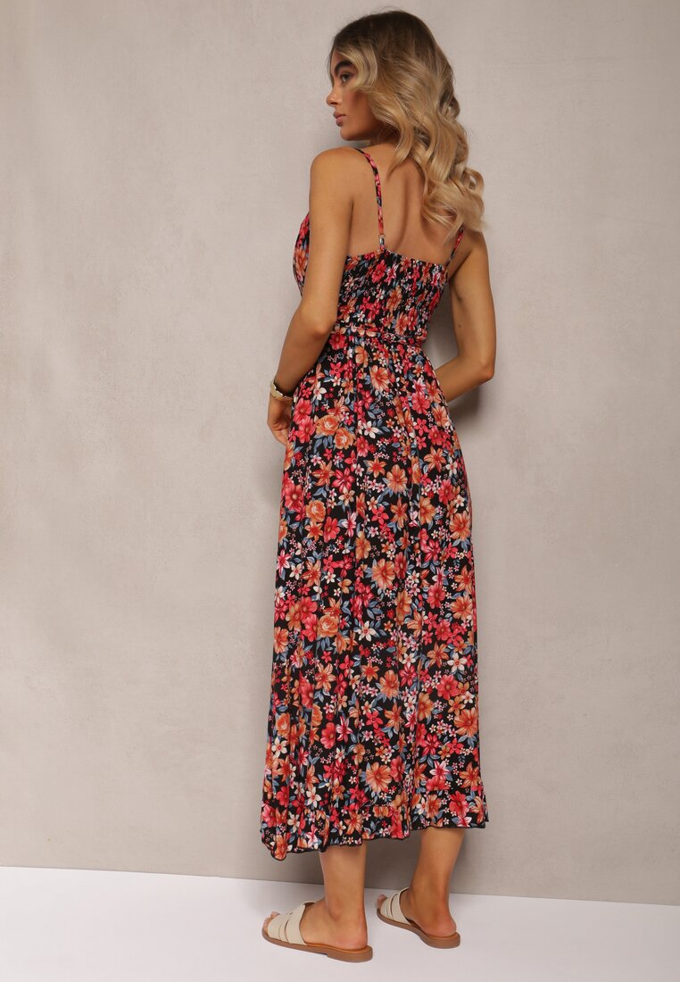 Rochie Neagră-Portocalie Tip Plic din Bumbac cu Imprimeu Floral pe Bretele Rissanda