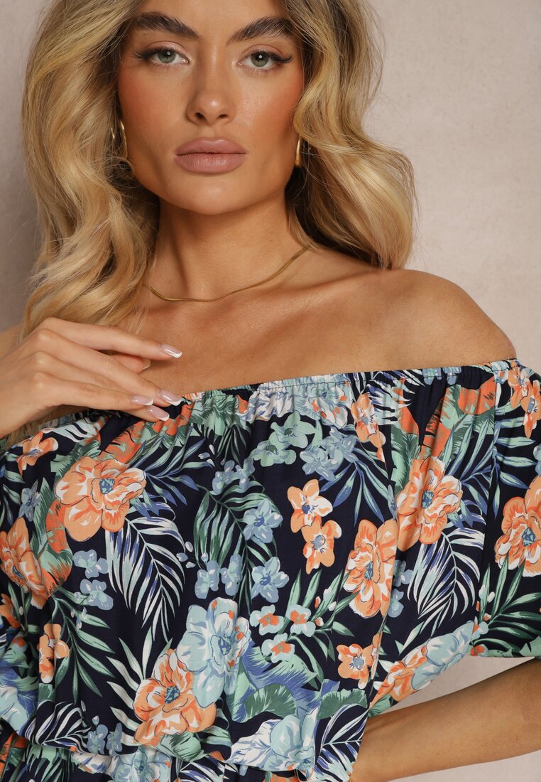 Rochie bleumarin din bumbac cu print floral Dimizama