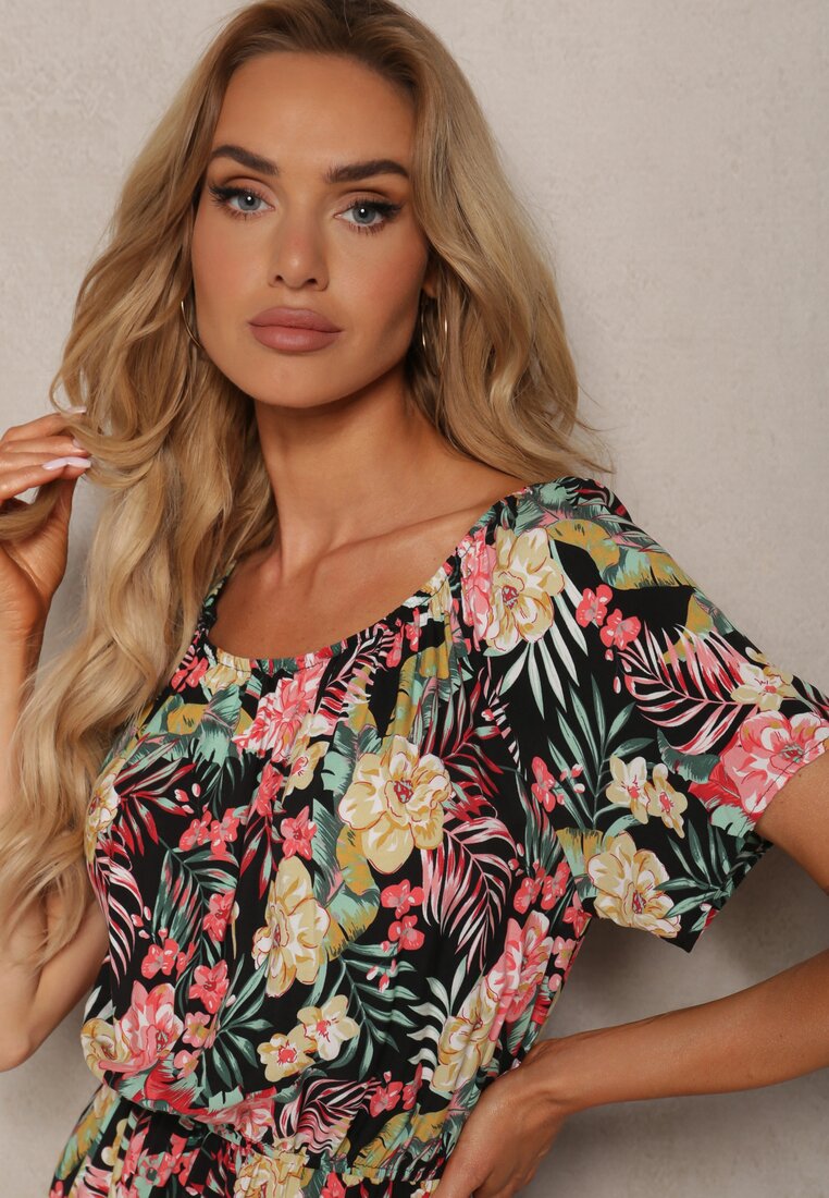 Rochie Neagră de Bumbac cu Imprimeu Floral Dimizama
