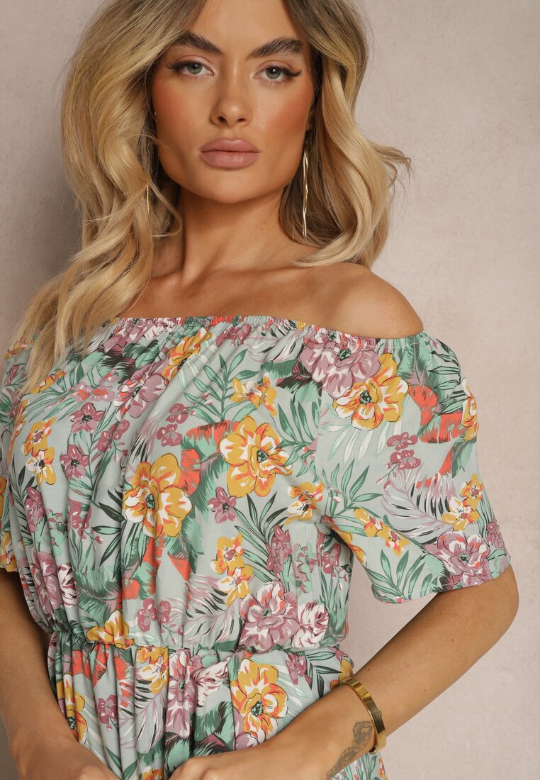 Rochie Albastru-Portocalie din Bumbac cu Print Floral Dimizama