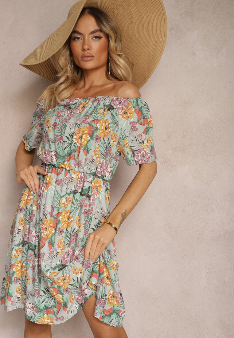 Rochie Albastru-Portocalie din Bumbac cu Print Floral Dimizama