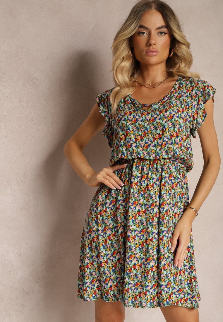 Rochie Albastru-Închis-Verde din Bumbac cu Elastic în Talie și Volan Dimllea