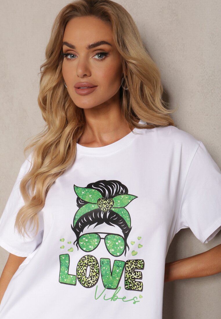 Biało-Zielony T-shirt z Bawełny Ozdobiony Nadrukiem Tarvilla