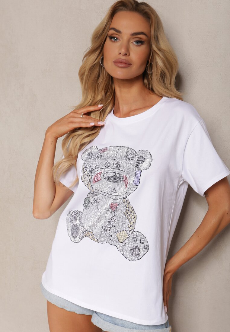 Biały T-shirt z Bawełny Ozdobiony Cyrkoniami Indilla