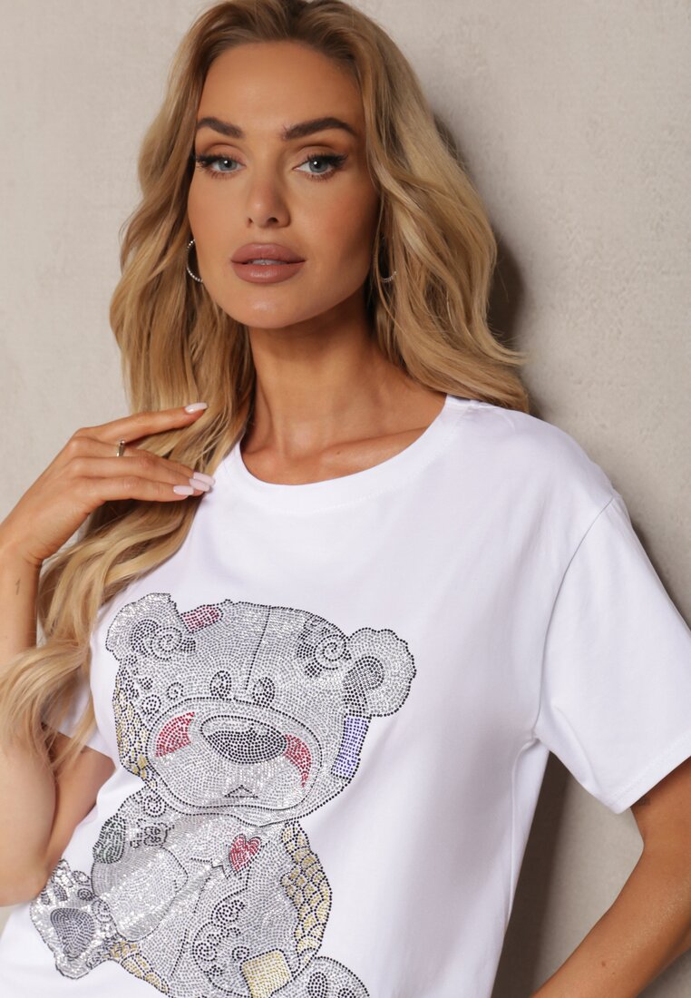 Biały T-shirt z Bawełny Ozdobiony Cyrkoniami Indilla