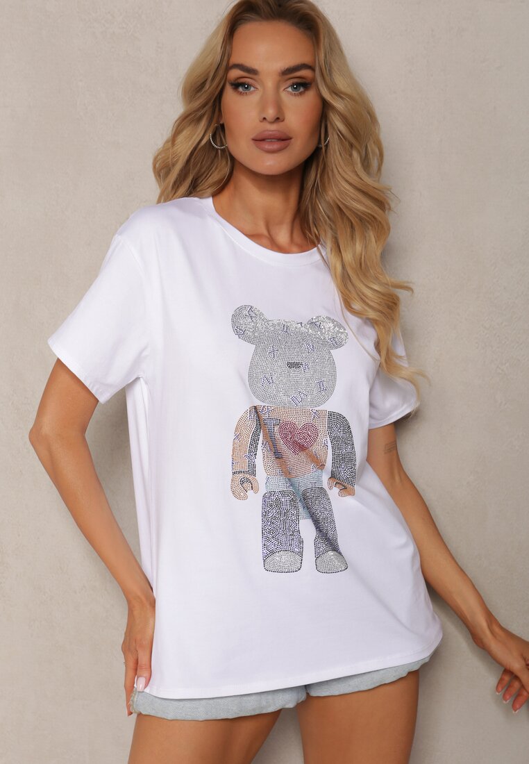 Tricou Alb din Bumbac cu Mânecă Scurtă și Pietre Risarie