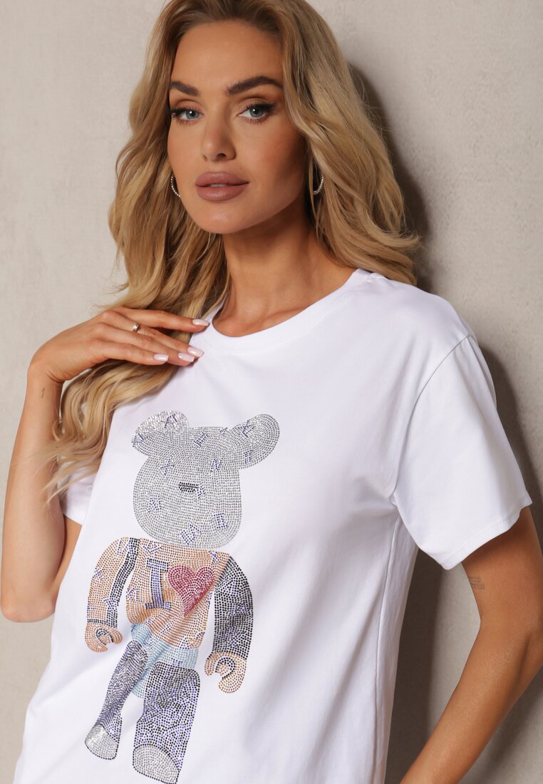 Tricou Alb din Bumbac cu Mânecă Scurtă și Pietre Risarie
