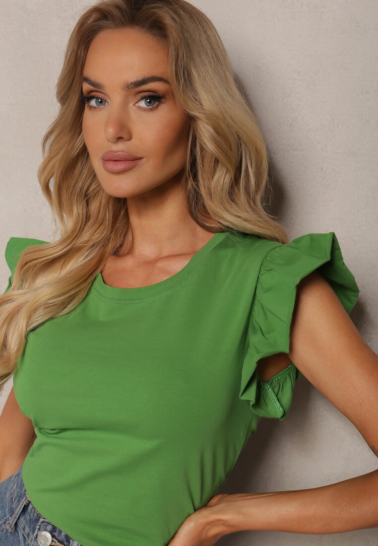 Bluză Verde din Bumbac cu Volane la Umeri Marissela