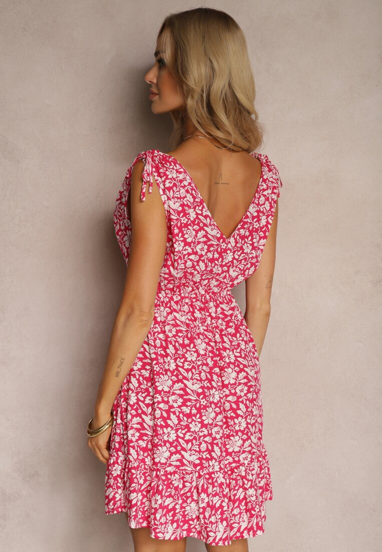 Rochie Fucsia din Bumbac cu Bretele Groase cu Elastic în Talie Încheiată cu Nasturi Tessri