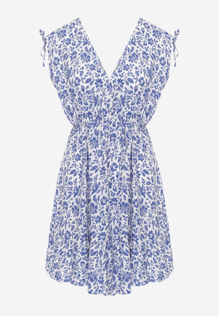 Niebiesko-Biała Sukienka Bawełniana na Grubych Ramiączkach z Gumką w Pasie Zapinana na Guziki Tessri