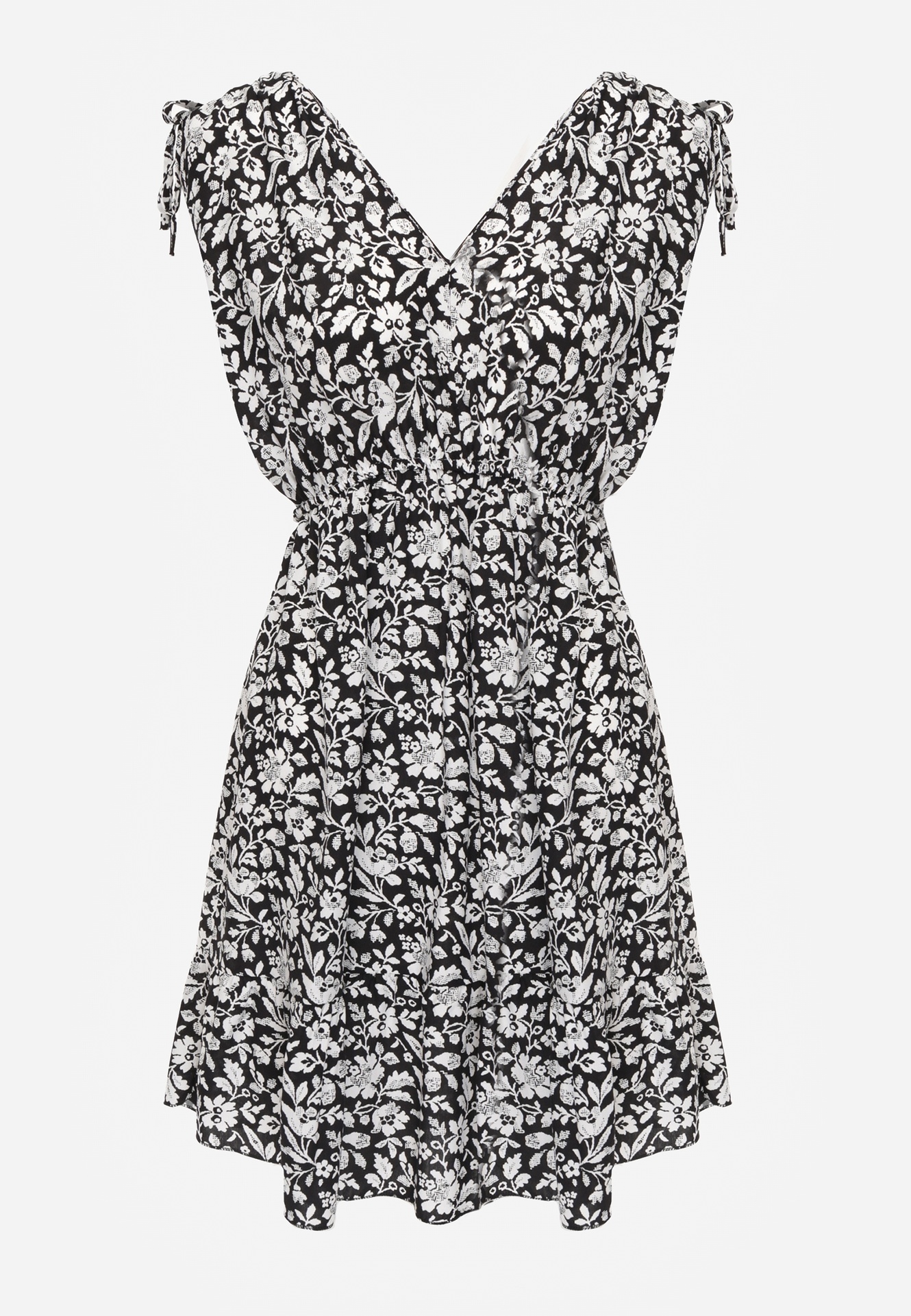 Czarno-Biała Sukienka Bawełniana na Grubych Ramiączkach z Gumką w Pasie Zapinana na Guziki Tessri