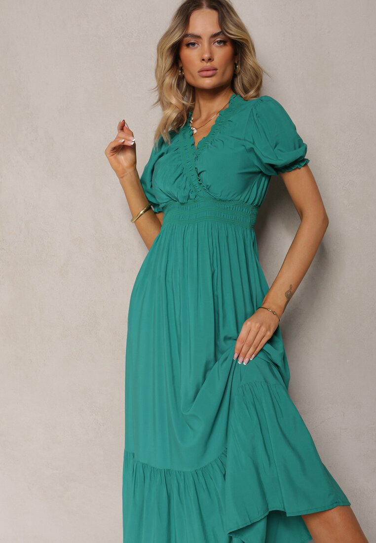 Rochie Verde Închis Boho din Bumbac cu Decolteu Petrecut Rissatina