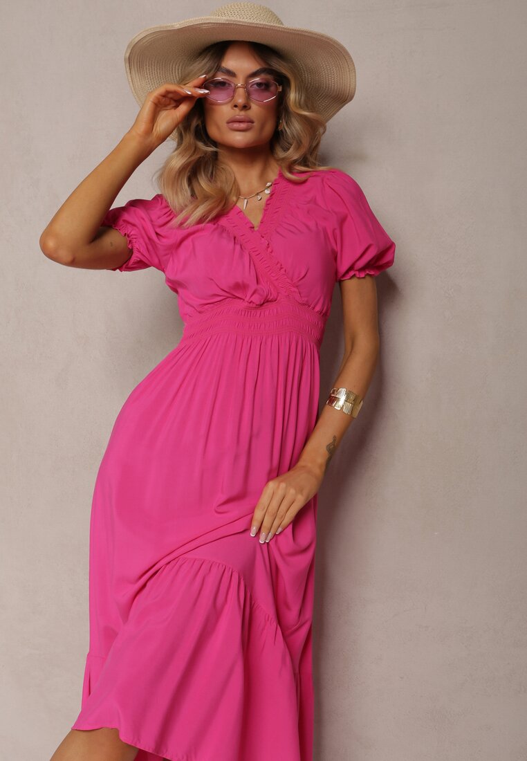 Rochie fucsia boho din bumbac cu croială tip wrap Rissatina