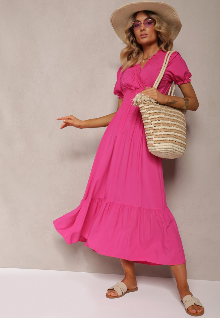 Rochie fucsia boho din bumbac cu croială tip wrap Rissatina