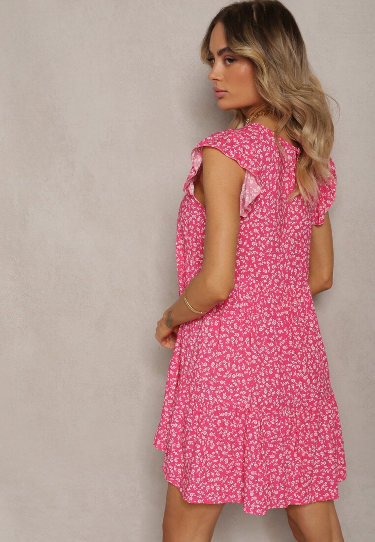 Fuksjowa Rozkloszowana Sukienka z Bawełny Ozdobiona Falbanką Crisandra