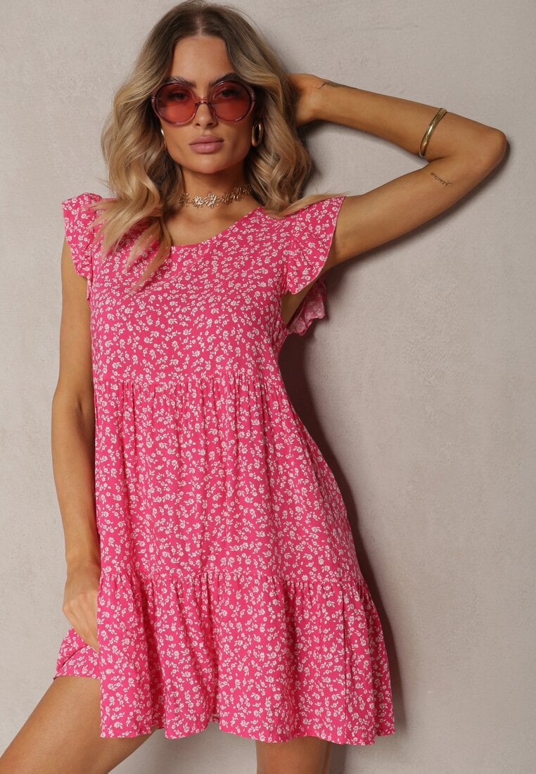 Fuksjowa Rozkloszowana Sukienka z Bawełny Ozdobiona Falbanką Crisandra