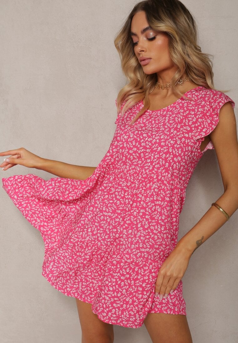 Fuksjowa Rozkloszowana Sukienka z Bawełny Ozdobiona Falbanką Crisandra