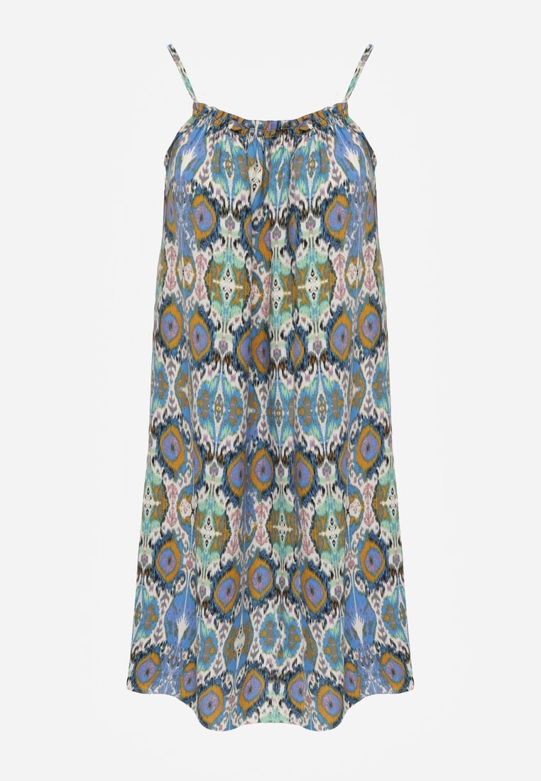 Rochie evazată albastru-verde din bumbac pe bretele Tessadra
