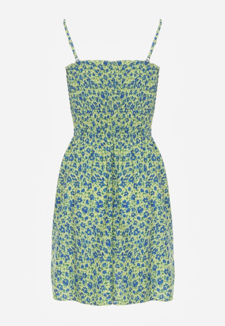 Jasnozielona Sukienka z Bawełny na Cienkich Ramiączkach z Gumką w Talii Tessinia