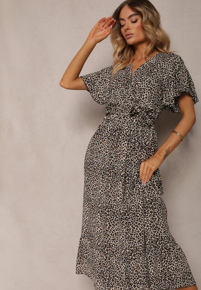 Rochie creion bej-neagră din bumbac cu elastic în talie și curea din material Teslana