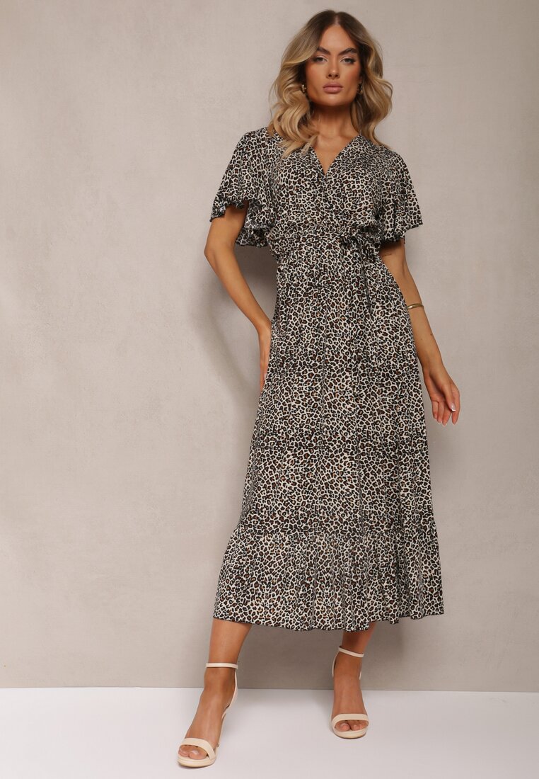 Rochie creion bej-neagră din bumbac cu elastic în talie și curea din material Teslana