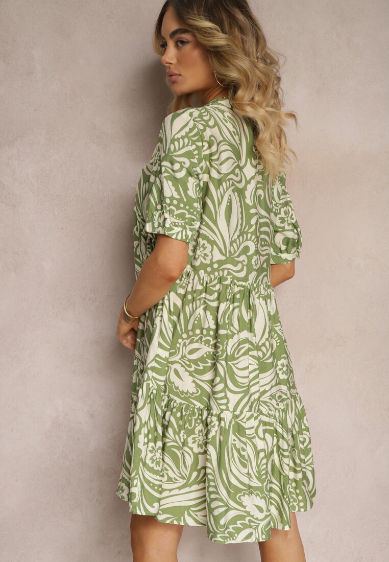 Rochie Verde cu Bumbac și Vâscoză Ornată cu Curea Înnodată și Volan Dimttri