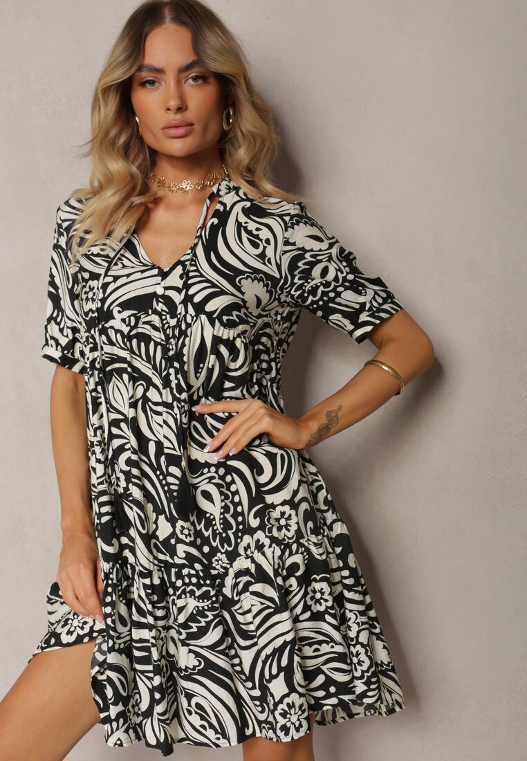 Rochie Alb-Negru cu Bumbac și Viscoză cu Curea de Legat și Volan Dimttri
