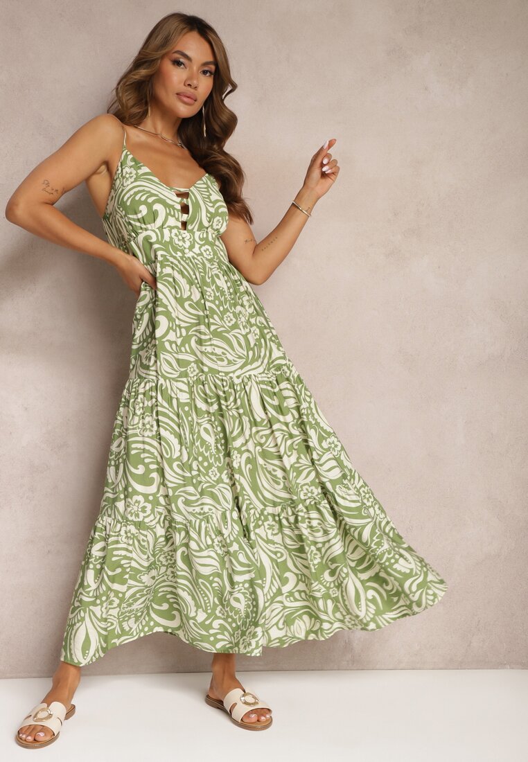 Zielona Rozkloszowana Sukienka z Wiskozą i Bawełną Wykończona Gumką w Talii i Falbanką Dimikka