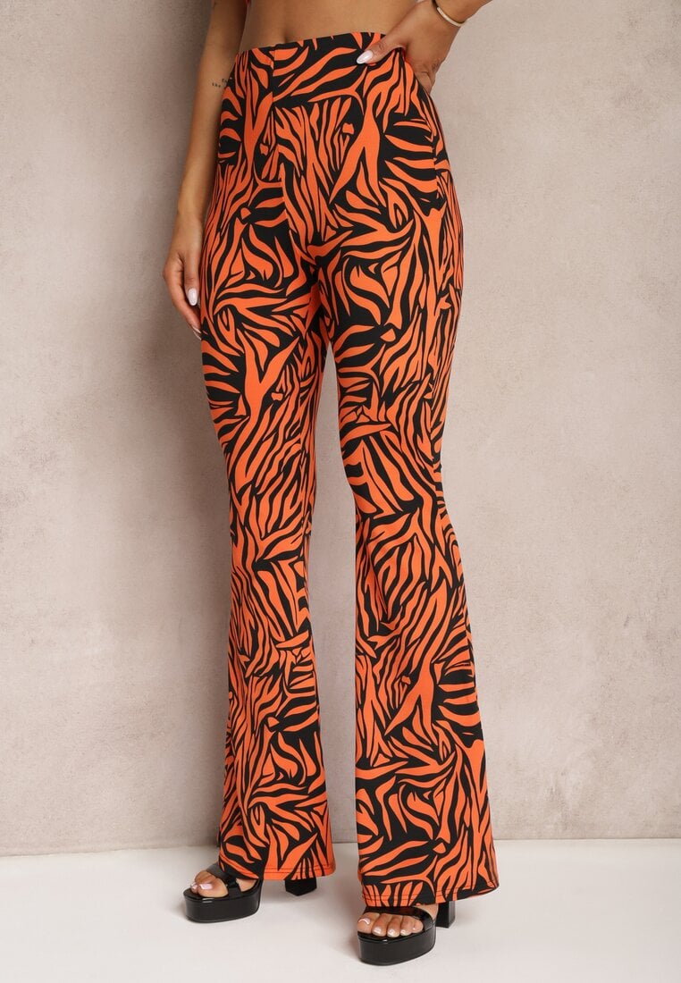 Pomarańczowo-Czarne Spodnie Dzwony High Waist z Gumką w Pasie we Wzór Zebry Vikollia
