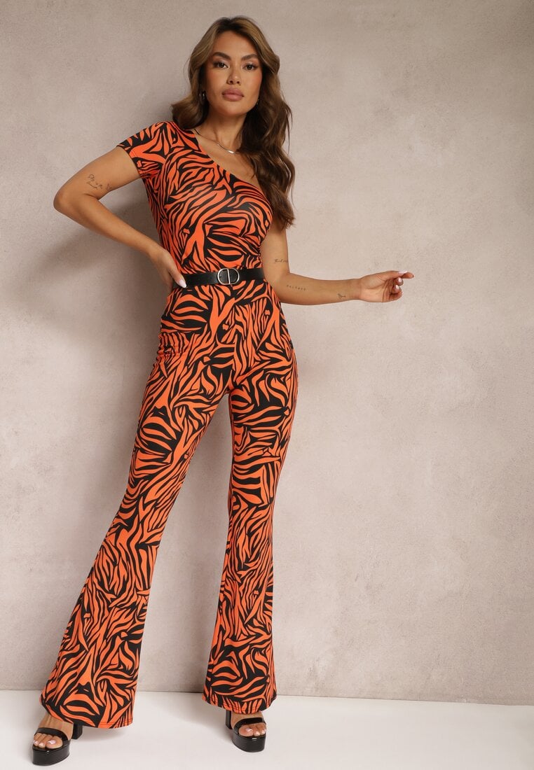 Pomarańczowo-Czarne Spodnie Dzwony High Waist z Gumką w Pasie we Wzór Zebry Vikollia