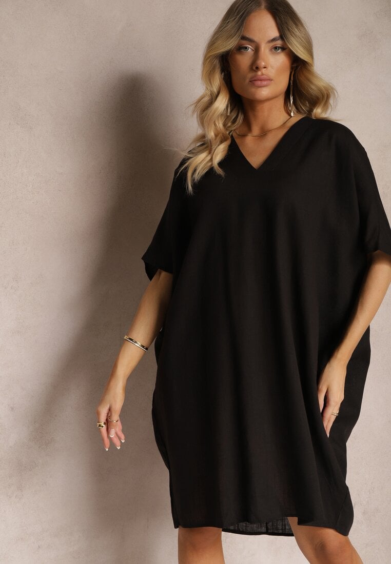 Rochie Neagră Cloș din Bumbac cu Mânecă Scurtă și Decolteu Triunghiular Vikana