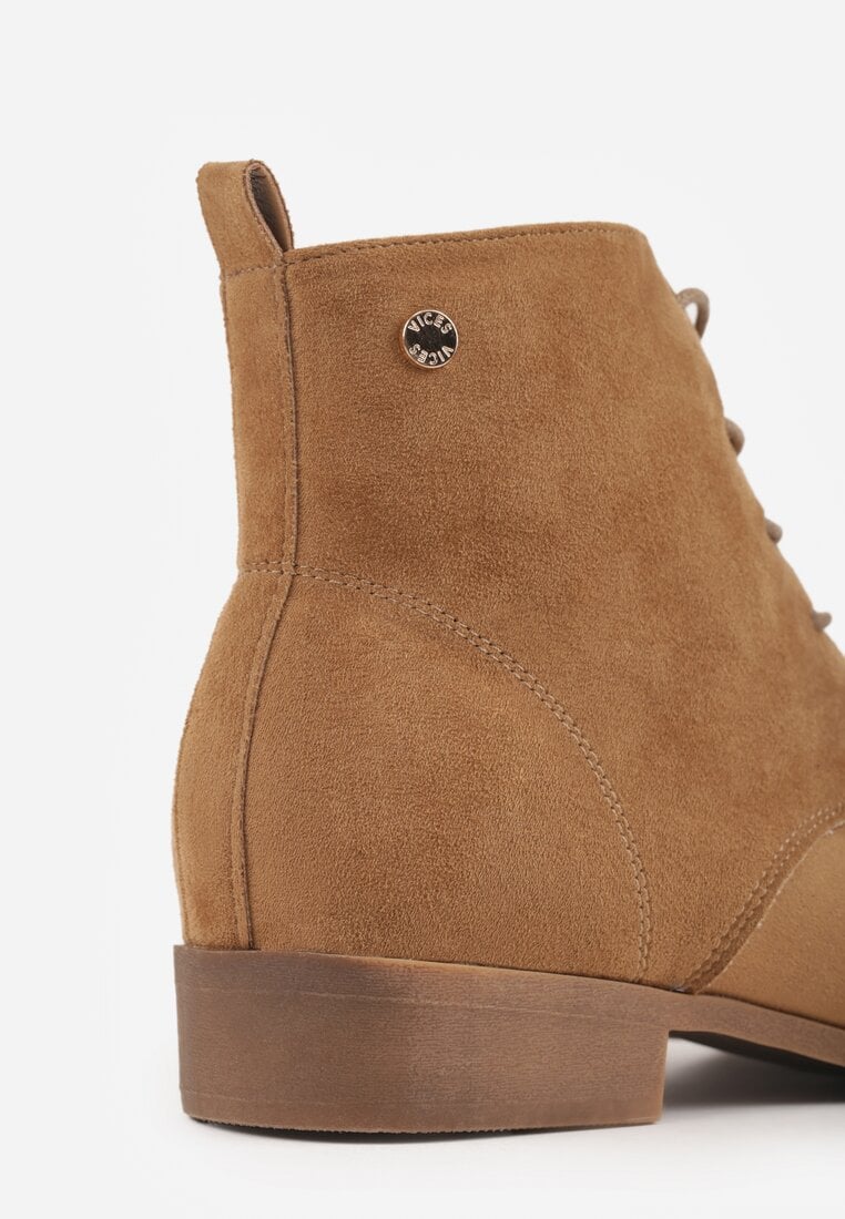 Ciemnobeżowe Wiązane Botki na Płaskiej Podeszwie Erithara