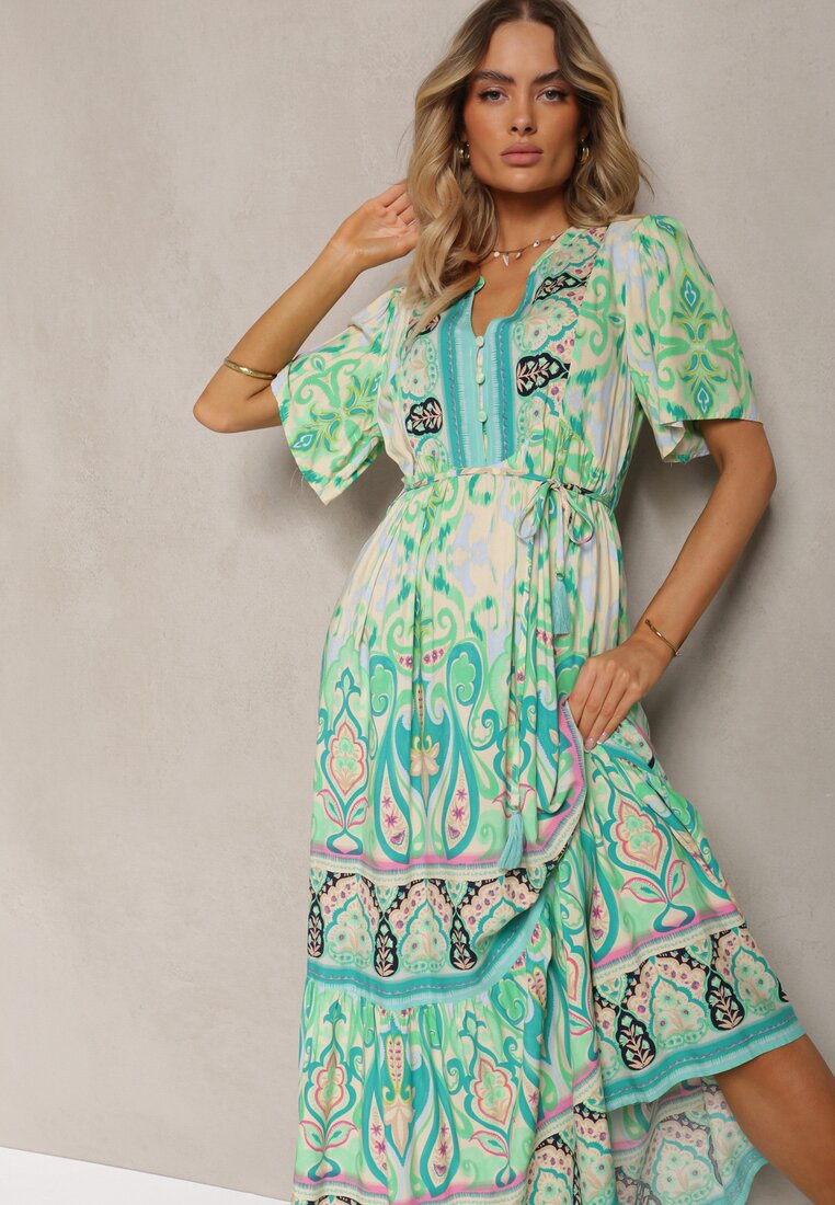 Rochie verde boho din viscoză cu nasturi decorativi și curea subțire în talie Dimosia