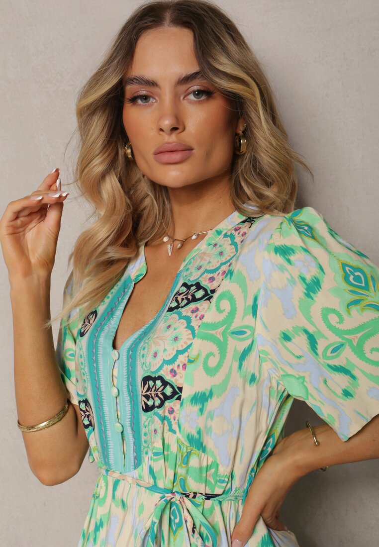 Rochie verde boho din viscoză cu nasturi decorativi și curea subțire în talie Dimosia