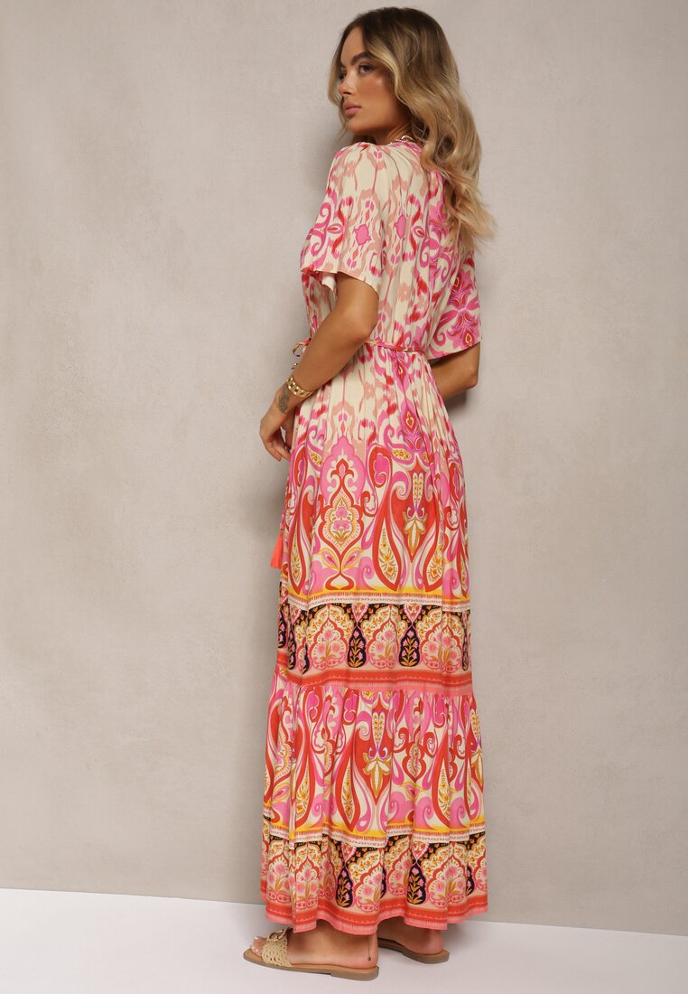 Rochie Boho Roșie din Viscoză cu Nasturi Decorativi și Curea Subțire în Talie Dimosia