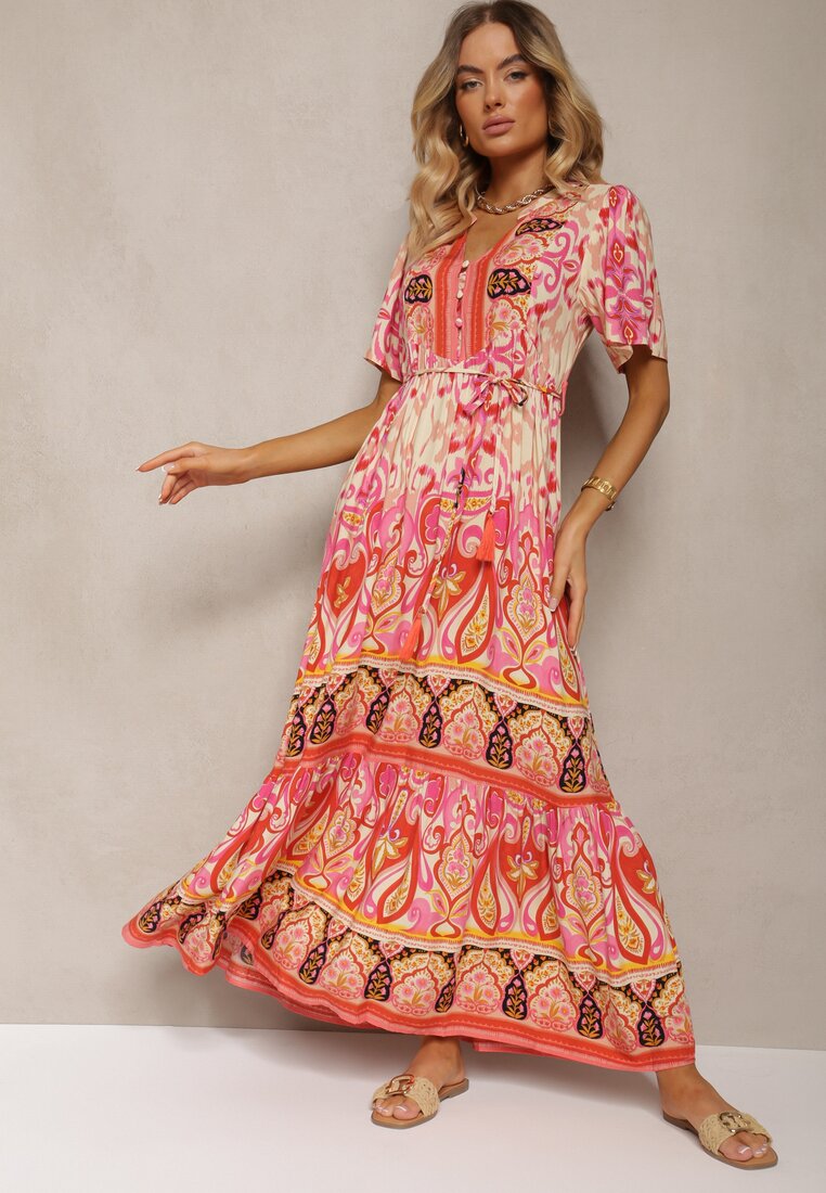 Rochie Boho Roșie din Viscoză cu Nasturi Decorativi și Curea Subțire în Talie Dimosia
