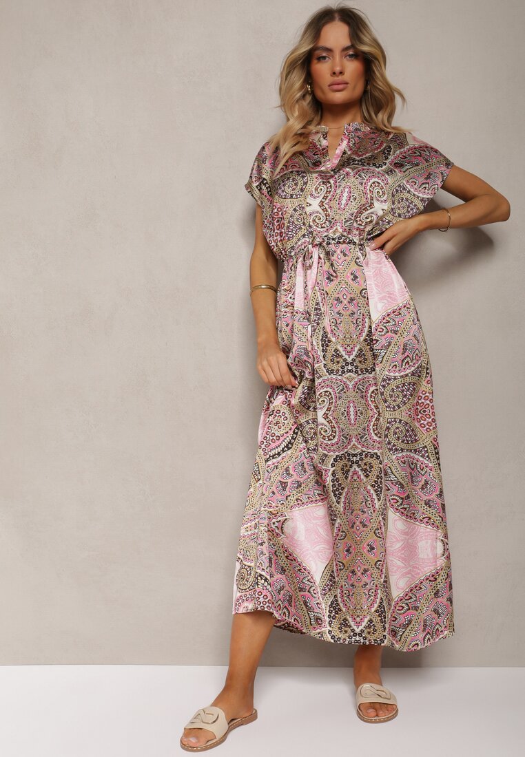 Rochie roz-verde boho cu croi evazat strânsă în talie Dimirrah