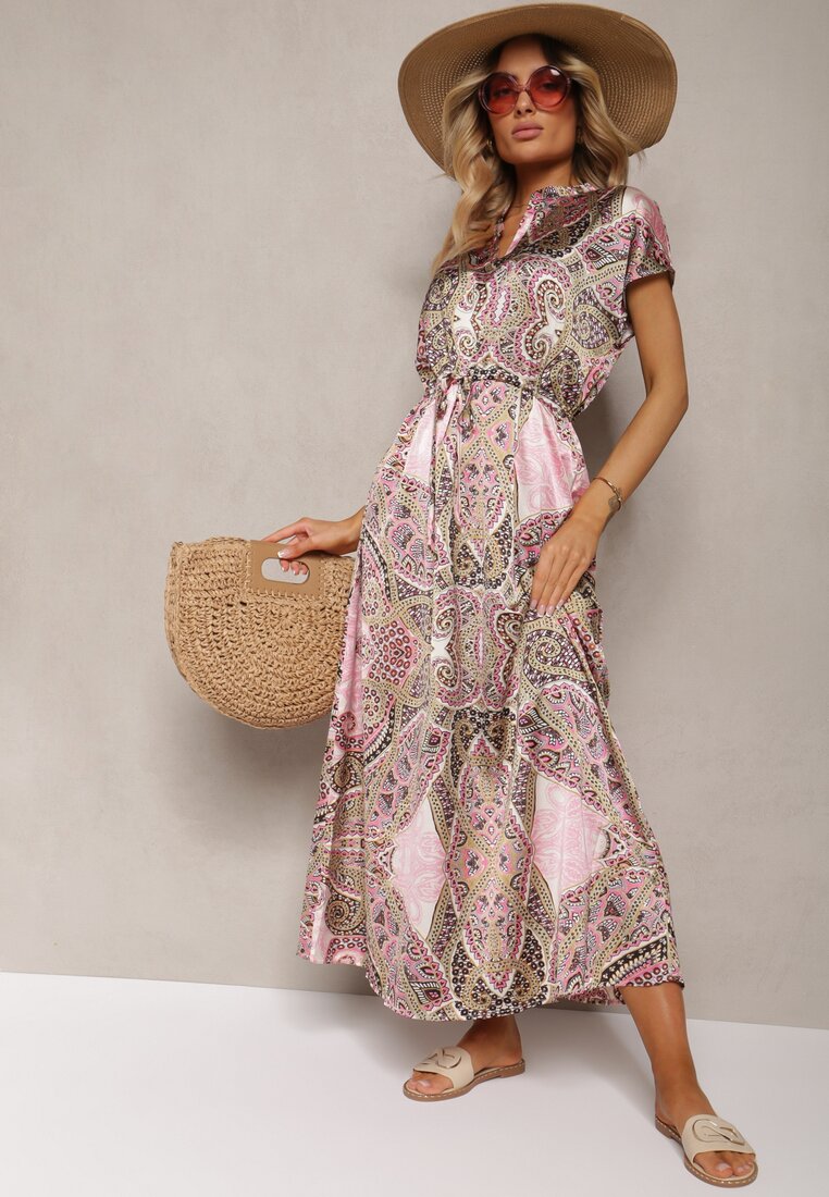 Rochie roz-verde boho cu croi evazat strânsă în talie Dimirrah