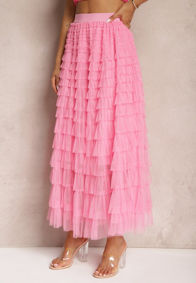 Fustă Roz Tulle cu Elastic în Talie Decorată cu Volane Missalisha