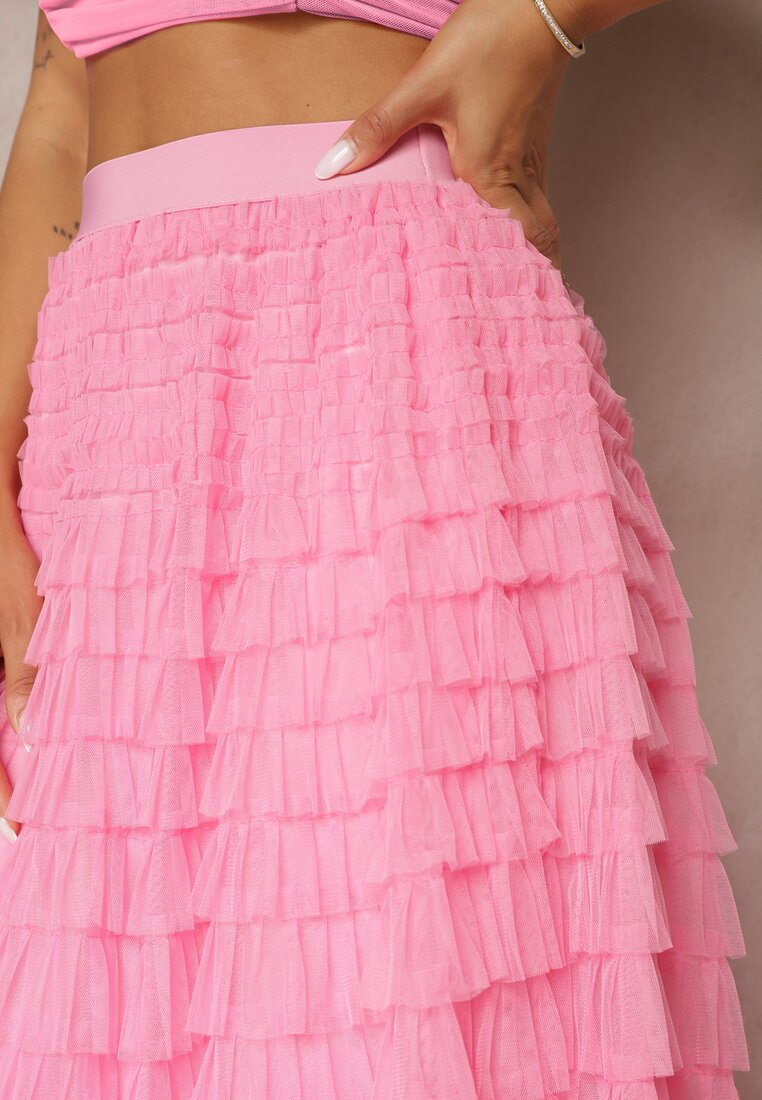 Fustă Roz Tulle cu Elastic în Talie Decorată cu Volane Missalisha