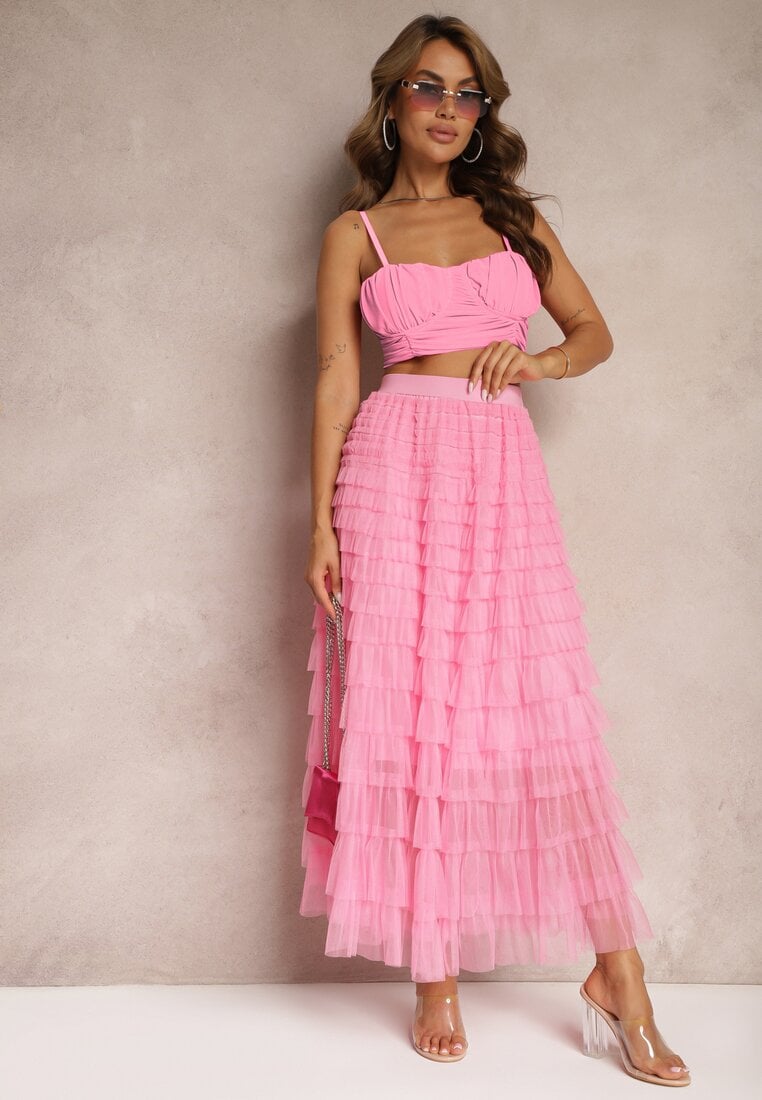 Fustă Roz Tulle cu Elastic în Talie Decorată cu Volane Missalisha