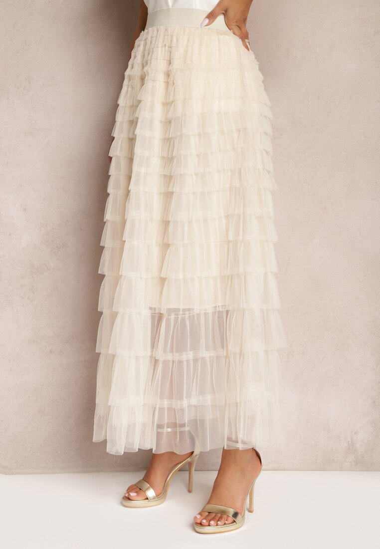 Fustă Tulle Bej Deschis cu Elastic în Talie Decorată cu Volane Missalisha